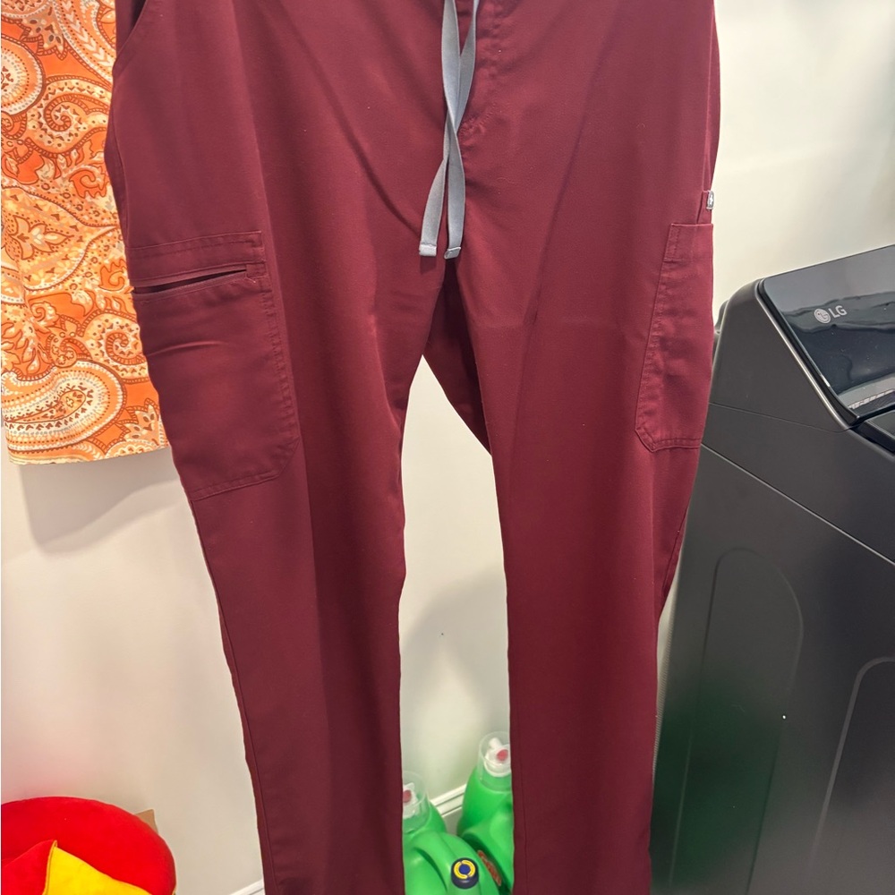 Figs Red Cargo Pants with Elastic Waistband and Tapered Legs